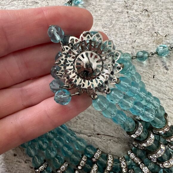 Vintage 1950s Aqua Multi Strand Rhinestone Beaded Necklace - Picture 5 of 9
